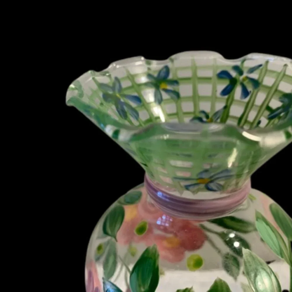 Hand-Painted Pink Green Ruffled Edge Checked Floral Vase by Tracy Poter 6.5